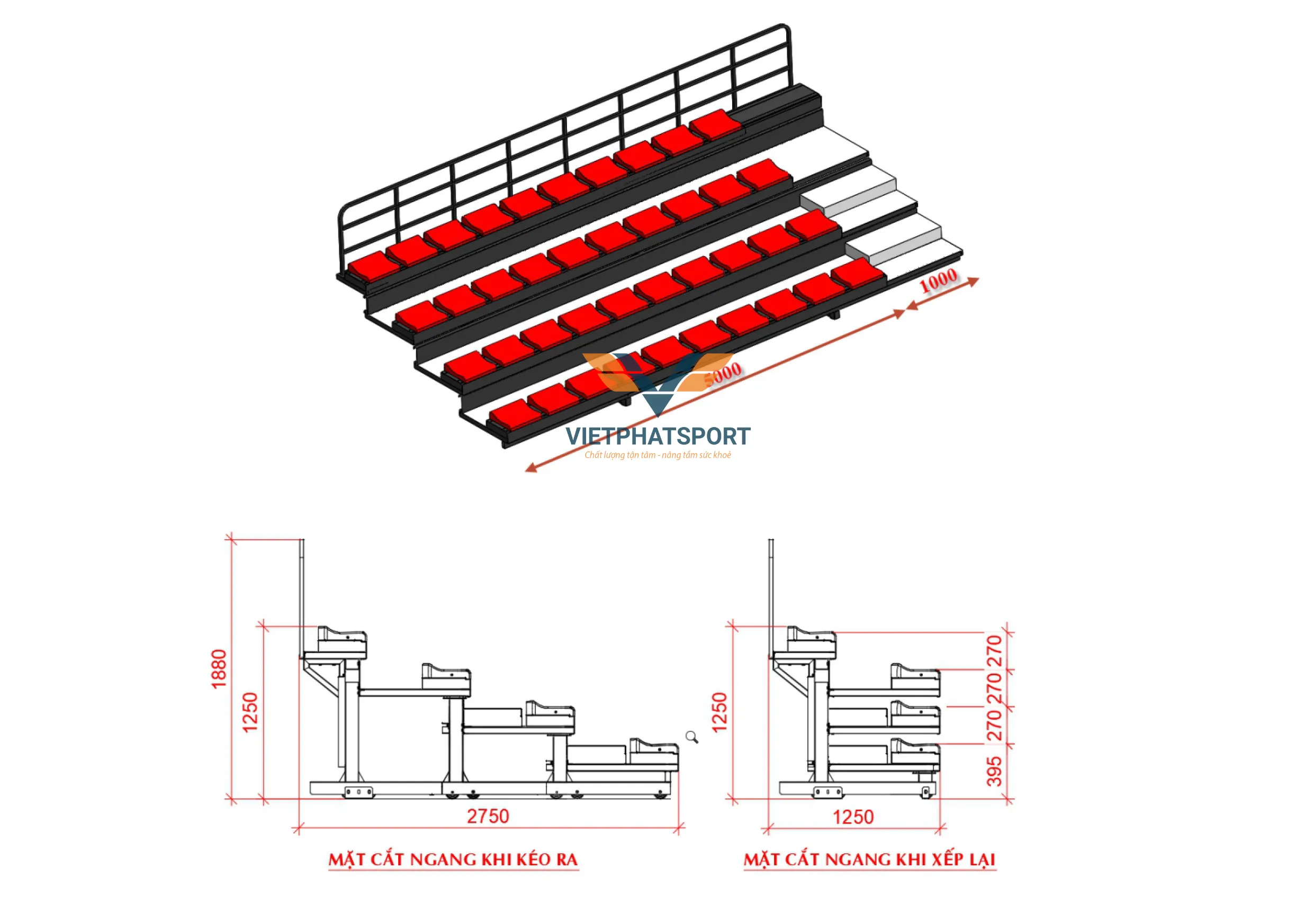 KHÁN ĐÀI XẾP 6M - 4 BẬC - 40 GHẾ